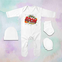 Load image into Gallery viewer, Boom Quotes Jumpsuit with Cap, Mittens and Booties Romper Set for Baby Boy - KidsFashionVilla
