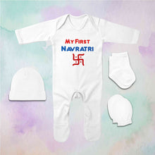 Load image into Gallery viewer, My First Navratri Jumpsuit with Cap, Mittens and Booties Romper Set for Baby Boy - KidsFashionVilla
