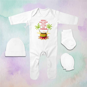Custom Name Cant Keep Calm Its Time For Pongal Jumpsuit with Cap, Mittens and Booties Romper Set for Baby Boy - KidsFashionVilla