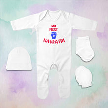 Load image into Gallery viewer, My First Navratri Jumpsuit with Cap, Mittens and Booties Romper Set for Baby Boy - KidsFashionVilla
