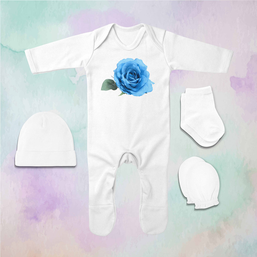 Blue Rose Minimal Jumpsuit with Cap, Mittens and Booties Romper Set for Baby Boy - KidsFashionVilla