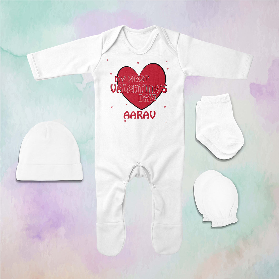 Custom Name 1st Valentine Jumpsuit with Cap, Mittens and Booties Romper Set for Baby Boy - KidsFashionVilla