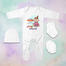 Load image into Gallery viewer, Custom Name My First Diwali With Mumma Papa Jumpsuit with Cap, Mittens and Booties Romper Set for Baby Girl - KidsFashionVilla
