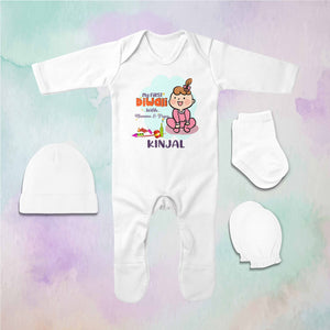 Custom Name My First Diwali With Mumma Papa Jumpsuit with Cap, Mittens and Booties Romper Set for Baby Girl - KidsFashionVilla