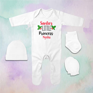 Customized Name Santas Little Princess Christmas Jumpsuit with Cap, Mittens and Booties Romper Set for Baby Girl - KidsFashionVilla