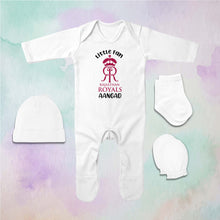 Load image into Gallery viewer, Custom Name IPL RR Rajasthan Royals Little Fan Jumpsuit with Cap, Mittens and Booties Romper Set for Baby Boy - KidsFashionVilla
