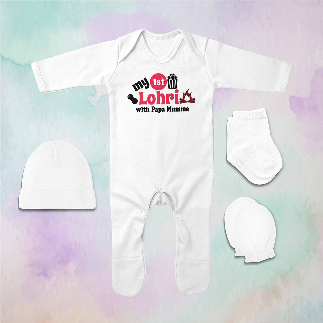 First Lohri With Papa Mumma Lohri Jumpsuit with Cap, Mittens and Booties Romper Set for Baby Boy - KidsFashionVilla