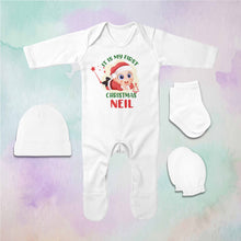 Load image into Gallery viewer, Customized Name It Is My First Christmas Jumpsuit with Cap, Mittens and Booties Romper Set for Baby Boy - KidsFashionVilla
