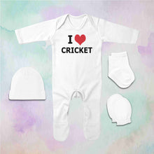 Load image into Gallery viewer, I Love Cricket Jumpsuit with Cap, Mittens and Booties Romper Set for Baby Girl - KidsFashionVilla
