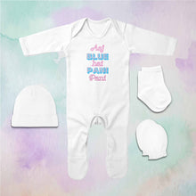 Load image into Gallery viewer, Aaj Blue Hai Pani Pani Holi Jumpsuit with Cap, Mittens and Booties Romper Set for Baby Girl - KidsFashionVilla
