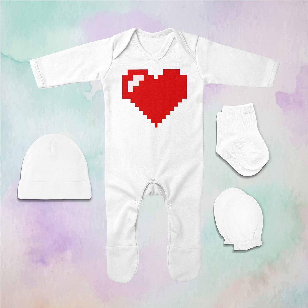 8 Bit Heart Minimal Jumpsuit with Cap, Mittens and Booties Romper Set for Baby Girl - KidsFashionVilla