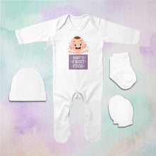 Load image into Gallery viewer, Babys First Food Jumpsuit with Cap, Mittens and Booties Romper Set for Baby Boy - KidsFashionVilla
