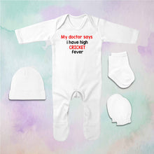 Load image into Gallery viewer, My Doctor Says I Have High Cricket Fever Cricket Quotes Jumpsuit with Cap, Mittens and Booties Romper Set for Baby Boy - KidsFashionVilla
