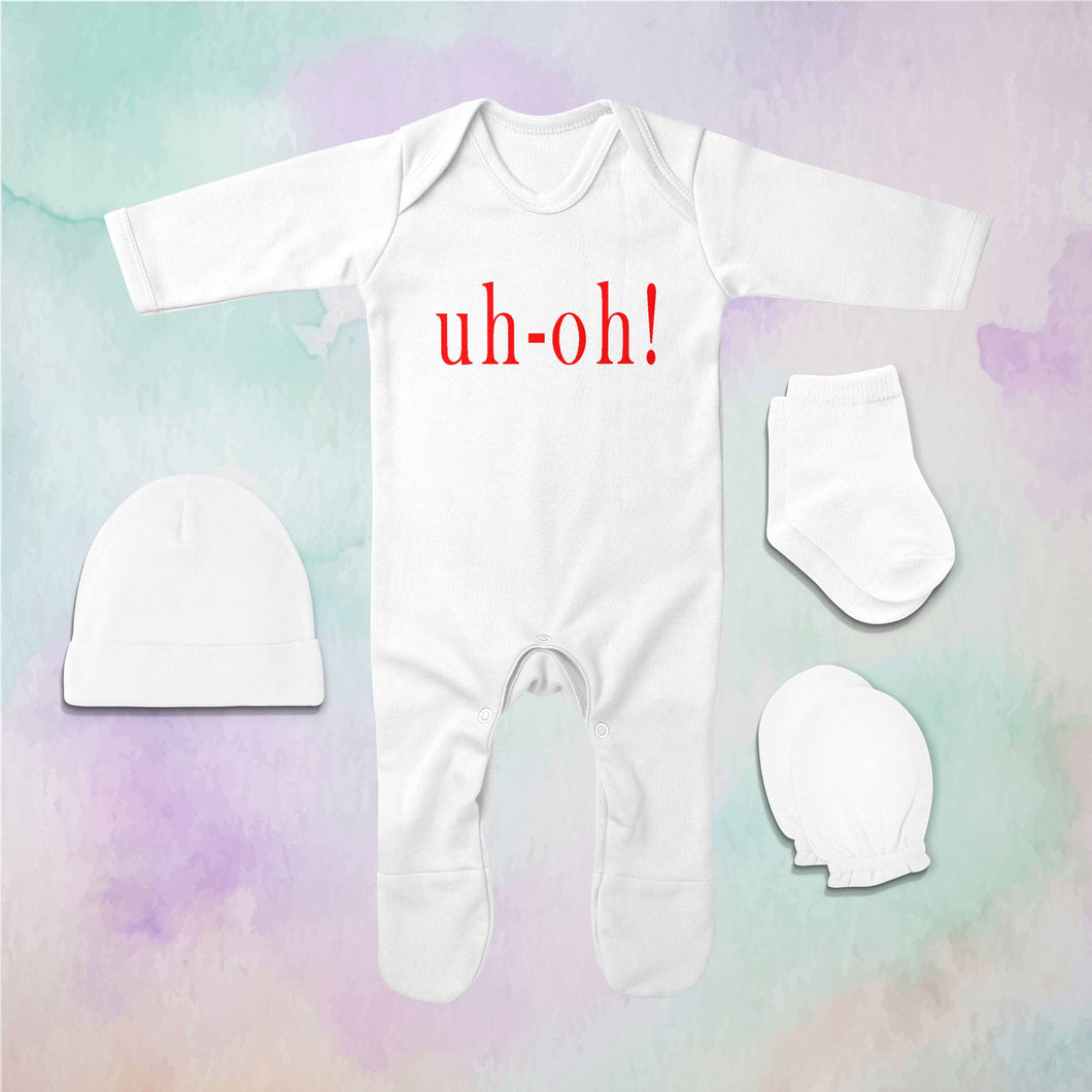 Uh Oh Minimal Jumpsuit with Cap, Mittens and Booties Romper Set for Baby Boy - KidsFashionVilla