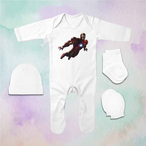 Flying Superhero Cartoon Jumpsuit with Cap, Mittens and Booties Romper Set for Baby Boy - KidsFashionVilla