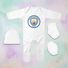 Load image into Gallery viewer, Manchester City Logo Jumpsuit with Cap, Mittens and Booties Romper Set for Baby Boy - KidsFashionVilla
