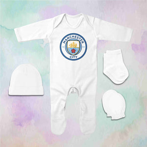 Manchester City Logo Jumpsuit with Cap, Mittens and Booties Romper Set for Baby Boy - KidsFashionVilla