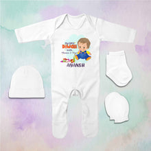 Load image into Gallery viewer, Custom Name My First Diwali With Mumma Papa Jumpsuit with Cap, Mittens and Booties Romper Set for Baby Boy - KidsFashionVilla
