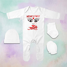 Load image into Gallery viewer, Custom Name First Navratri Durga Pooja Jumpsuit with Cap, Mittens and Booties Romper Set for Baby Girl - KidsFashionVilla
