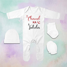 Load image into Gallery viewer, Chand Ka Tukda Eid Jumpsuit with Cap, Mittens and Booties Romper Set for Baby Boy - KidsFashionVilla
