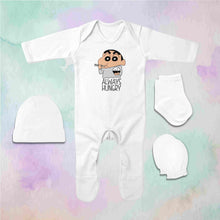 Load image into Gallery viewer, Always Hungry Quotes Jumpsuit with Cap, Mittens and Booties Romper Set for Baby Boy - KidsFashionVilla
