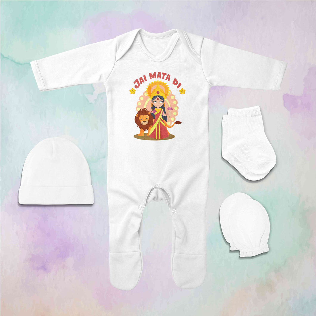 Jai Mata Di Navratri Jumpsuit with Cap, Mittens and Booties Romper Set for Baby Girl - KidsFashionVilla
