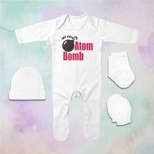 Load image into Gallery viewer, My Cute Atom Bomb Diwali Jumpsuit with Cap, Mittens and Booties Romper Set for Baby Boy - KidsFashionVilla
