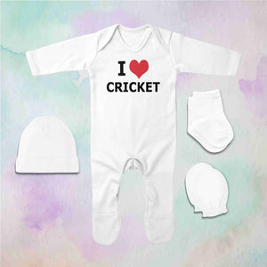I Love Cricket Jumpsuit with Cap, Mittens and Booties Romper Set for Baby Boy - KidsFashionVilla