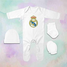 Load image into Gallery viewer, Real Madrid Logo Jumpsuit with Cap, Mittens and Booties Romper Set for Baby Boy - KidsFashionVilla
