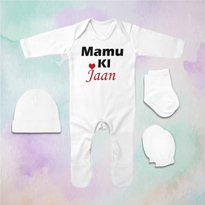 Mamu Ki Jaan Jumpsuit with Cap, Mittens and Booties Romper Set for Baby Boy - KidsFashionVilla