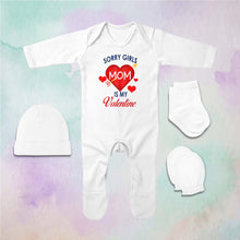 Load image into Gallery viewer, Sorry Girls Mom Is My Valentine Jumpsuit with Cap, Mittens and Booties Romper Set for Baby Boy - KidsFashionVilla
