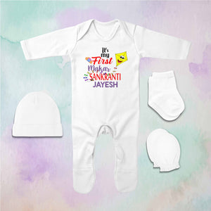 Its My First Makar Sankranti Custom Name Makar Sankranti Jumpsuit with Cap, Mittens and Booties Romper Set for Baby Boy - KidsFashionVilla