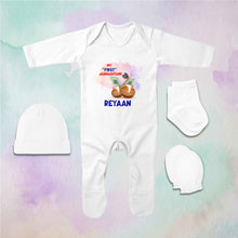 Load image into Gallery viewer, Custom Name My First Janmashtami Little Krishna Jumpsuit with Cap, Mittens and Booties Romper Set for Baby Boy - KidsFashionVilla
