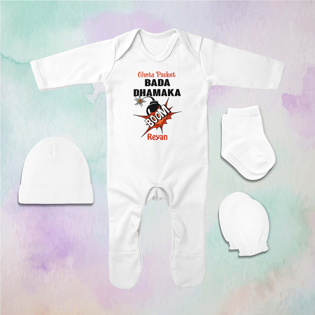 Custom Name Chota Packet Bada Dhamaka Diwali Jumpsuit with Cap, Mittens and Booties Romper Set for Baby Boy - KidsFashionVilla