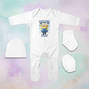 Hanging Out Cute Cartoons Quotes Jumpsuit with Cap, Mittens and Booties Romper Set for Baby Boy - KidsFashionVilla