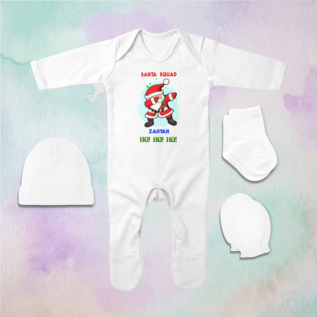 Customized Name Santa Squad Ho Ho Ho Christmas Jumpsuit with Cap, Mittens and Booties Romper Set for Baby Boy - KidsFashionVilla