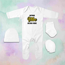 Load image into Gallery viewer, Apna Vibe Alag Hai Quotes Jumpsuit with Cap, Mittens and Booties Romper Set for Baby Boy - KidsFashionVilla
