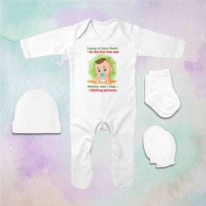 Baby Eating Food Jumpsuit with Cap, Mittens and Booties Romper Set for Baby Girl - KidsFashionVilla