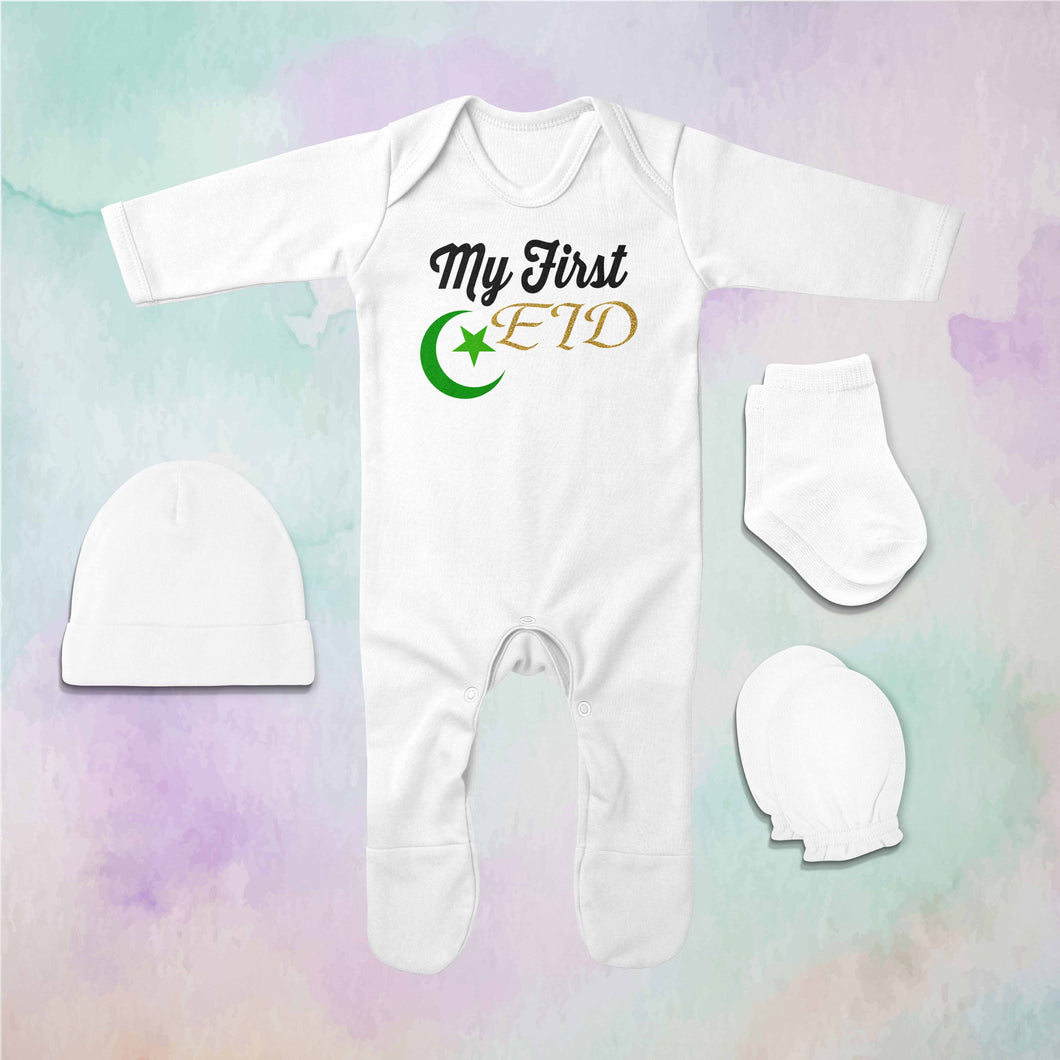 My 1st Eid Jumpsuit with Cap, Mittens and Booties Romper Set for Baby Boy - KidsFashionVilla