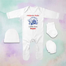 Load image into Gallery viewer, Custom Name IPL CSK Chennai Super Kings Whistle Podu Jumpsuit with Cap, Mittens and Booties Romper Set for Baby Boy - KidsFashionVilla
