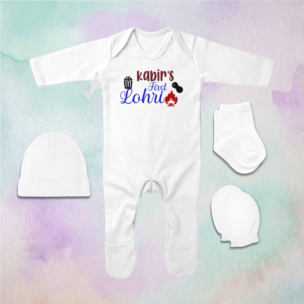 Custom Baby Name First Lohri Jumpsuit with Cap, Mittens and Booties Romper Set for Baby Boy - KidsFashionVilla