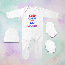 Load image into Gallery viewer, Keep Calm And Do Garbha Navratri Jumpsuit with Cap, Mittens and Booties Romper Set for Baby Boy - KidsFashionVilla
