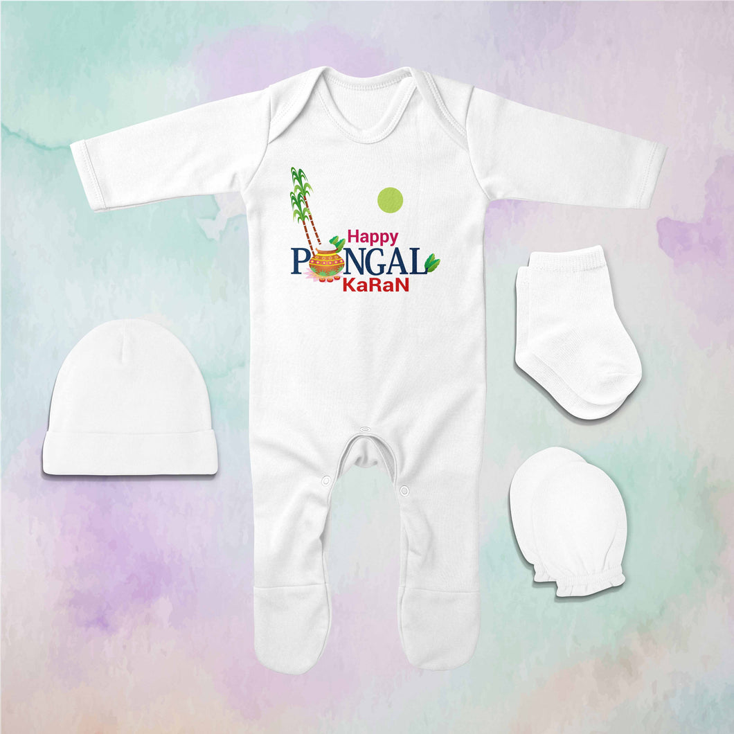 Custom Name Happy Pongal Jumpsuit with Cap, Mittens and Booties Romper Set for Baby Boy - KidsFashionVilla