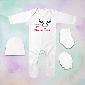 Custom Name First Christmas Jumpsuit with Cap, Mittens and Booties Romper Set for Baby Boy - KidsFashionVilla