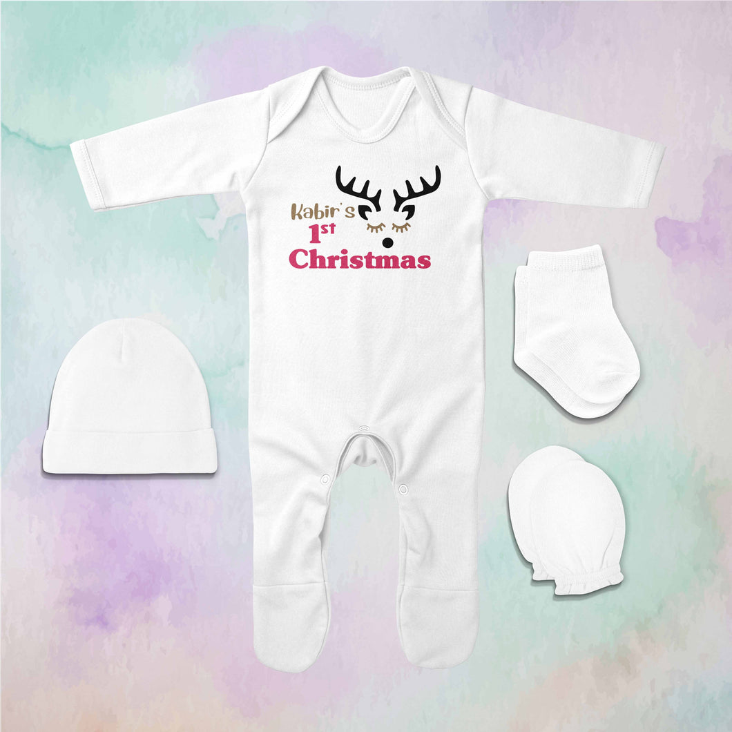 Custom Name First Christmas Jumpsuit with Cap, Mittens and Booties Romper Set for Baby Boy - KidsFashionVilla