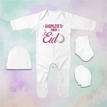 Load image into Gallery viewer, 1st Eid Custom Name Eid Jumpsuit with Cap, Mittens and Booties Romper Set for Baby Boy - KidsFashionVilla
