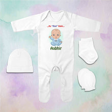 Load image into Gallery viewer, Custom Name My First Rakhi Jumpsuit with Cap, Mittens and Booties Romper Set for Baby Boy - KidsFashionVilla
