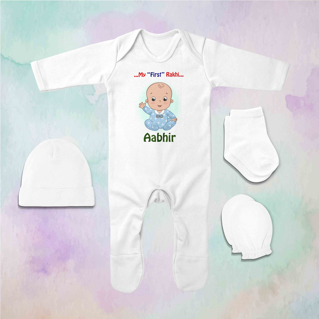 Custom Name My First Rakhi Jumpsuit with Cap, Mittens and Booties Romper Set for Baby Boy - KidsFashionVilla