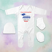 Load image into Gallery viewer, Custom Name IPL MI Mumbai Indians Duniya Hila Denge Hum Jumpsuit with Cap, Mittens and Booties Romper Set for Baby Boy - KidsFashionVilla
