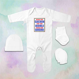 Cricketer Quotes Jumpsuit with Cap, Mittens and Booties Romper Set for Baby Girl - KidsFashionVilla
